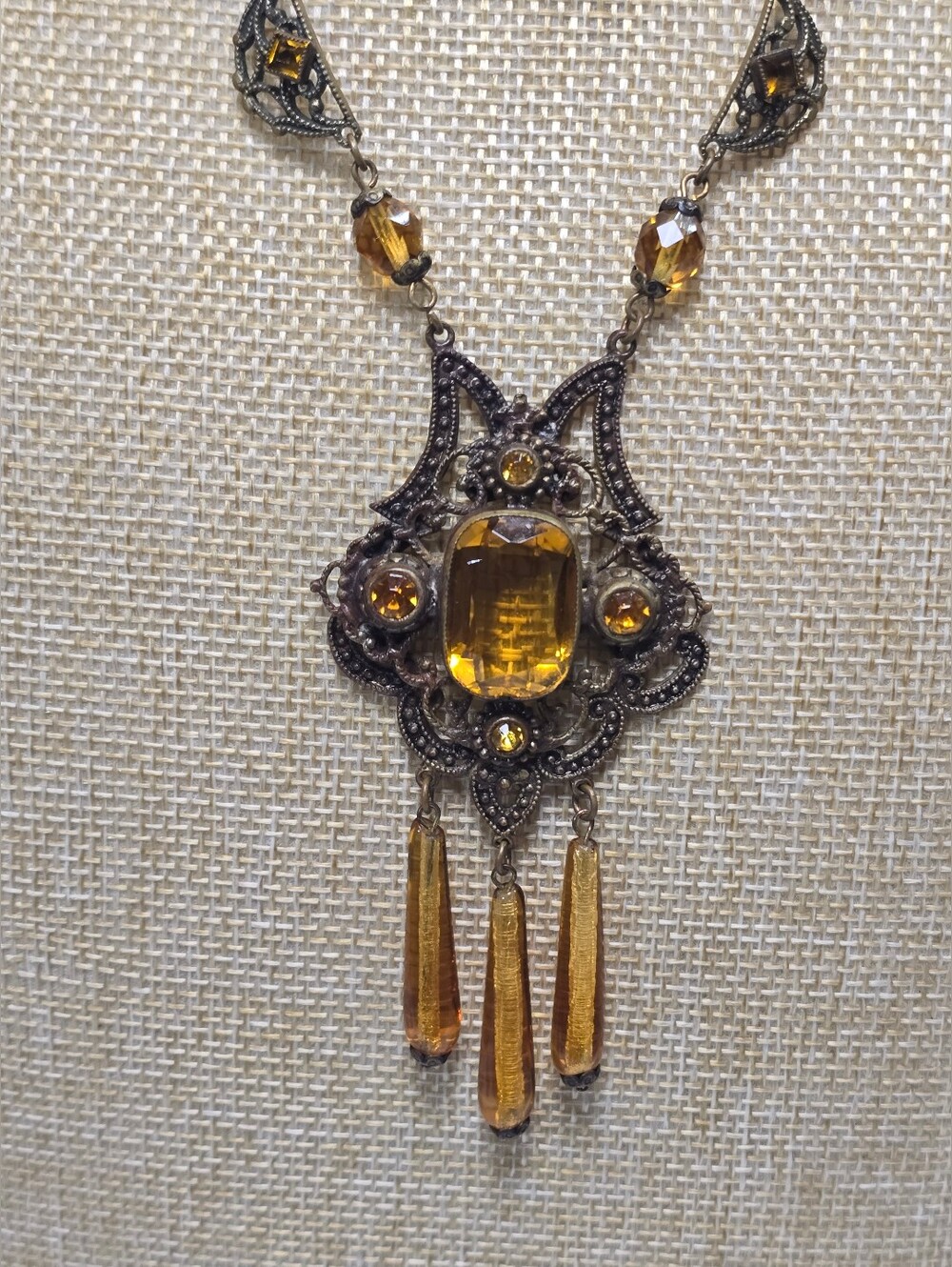 Art Deco Czech Amber Topaz Glass Dangling Glass Beads Brass Filigree Pendant